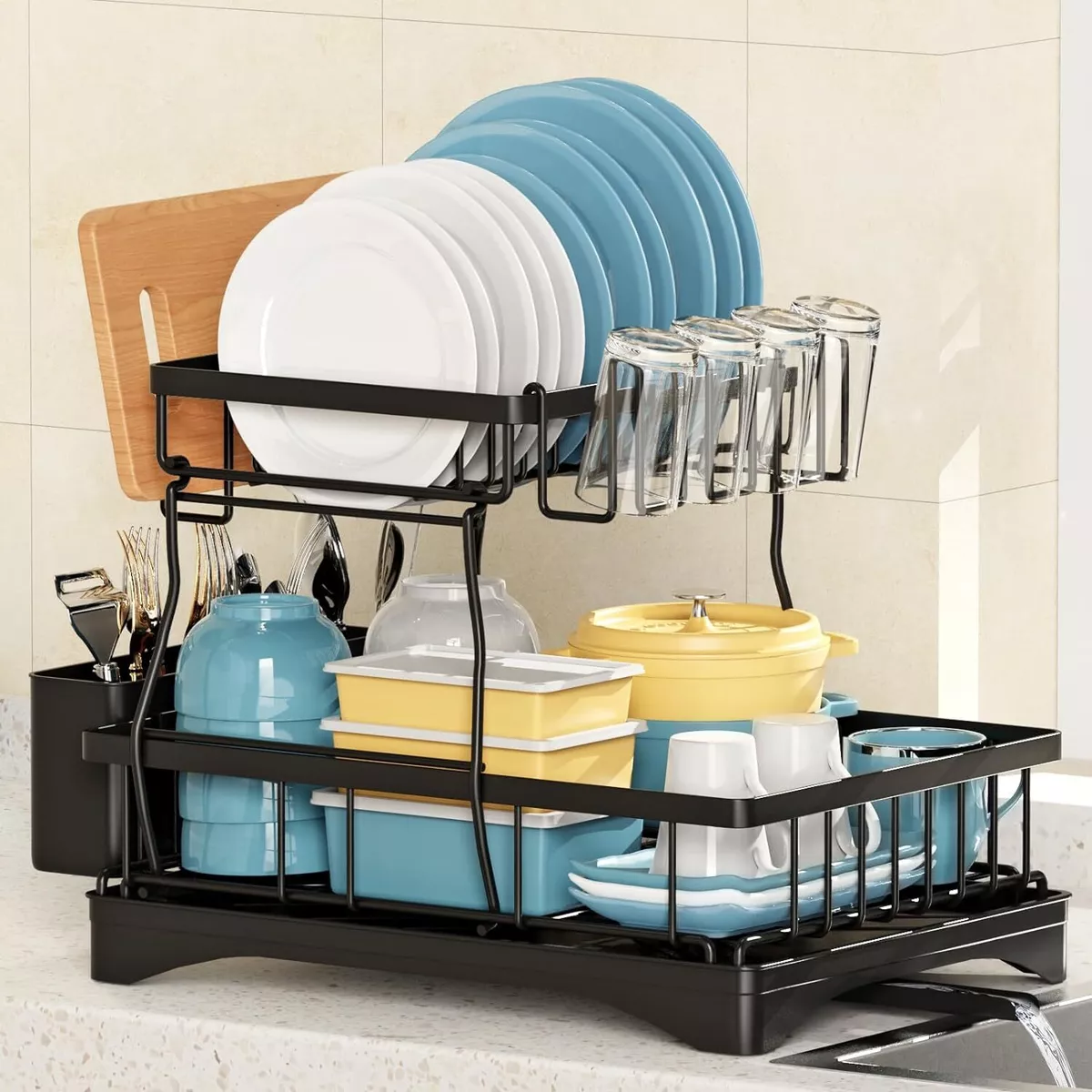 Kitchen Dish Cup Drying Rack Utensil Drainer Dryer Tray Cutlery Holder  Organizer