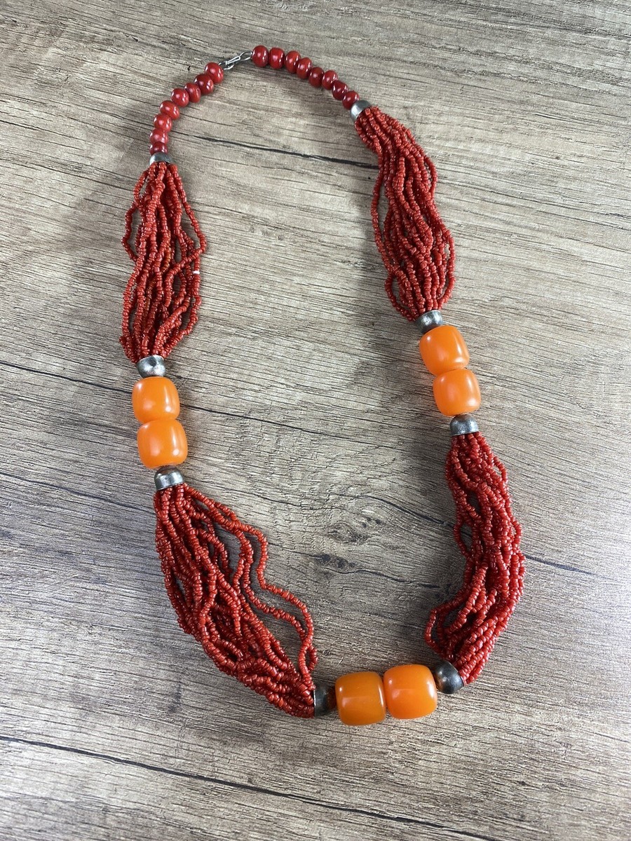 Multi Layered Coral Colored Red Burnt Orange Seed Bead Necklace 16 Strands  #4887