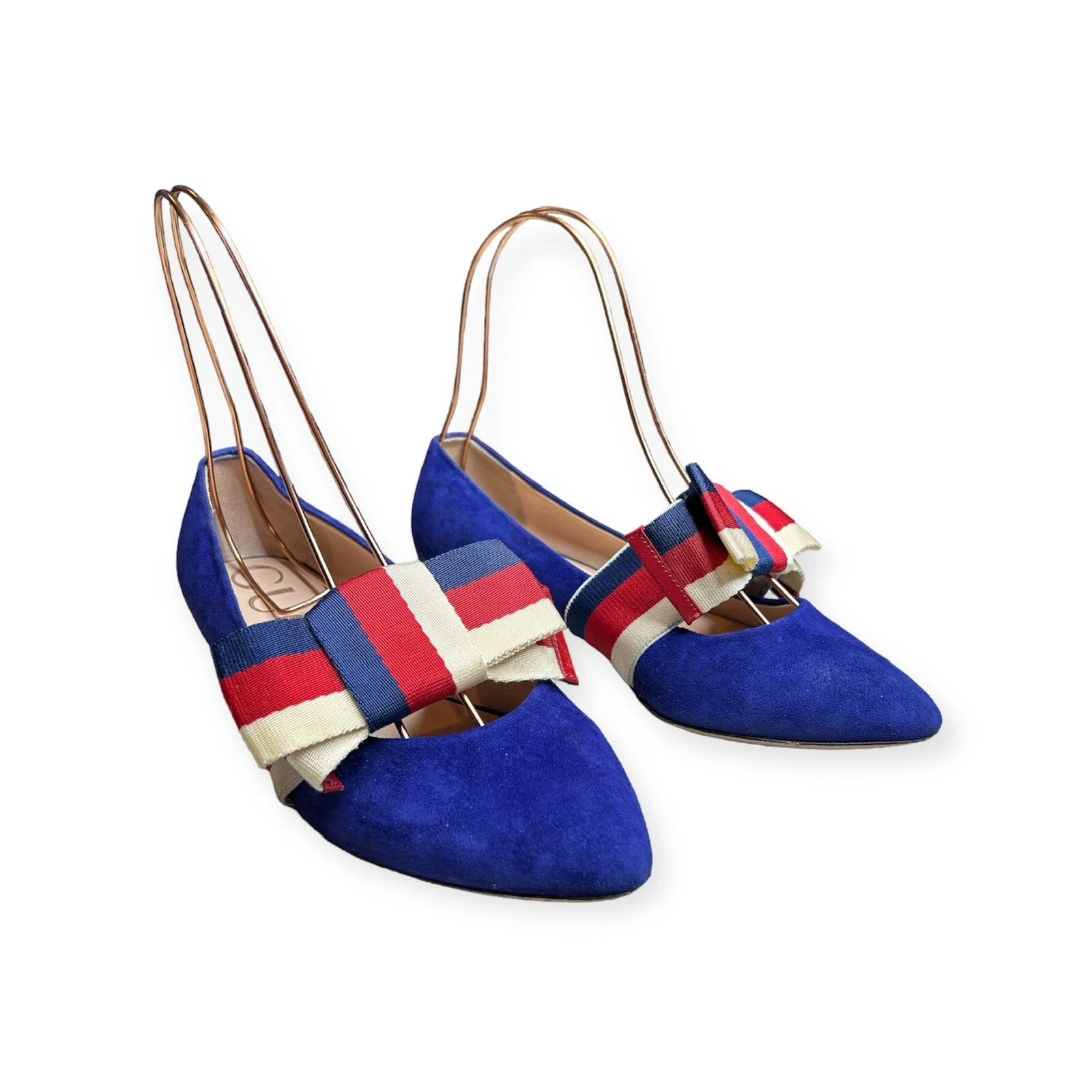 Chaussures plates Gucci ruban nœud daim bleu Sylvie taille UE 38 US 8 bandes tissées