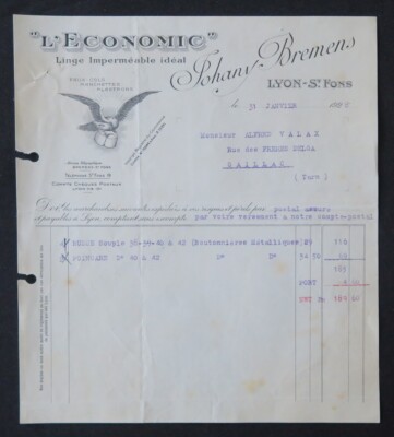 Invoice 1928 L ECONOMIC LINGE johany BREMENS LYON ST FONS llustrée 87