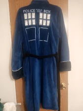 Doctor Who themed bathrobe with tardis blue as main color and black trim
