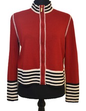 ST JOHN SPORT Red Knit Jacket PS Striped Trim Zip Logo Preppy Luxe