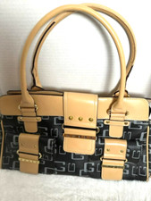 Vintage GUESS Y2K Monogram Womens Satchel Shoulder Bag Black Tan Canvas Grunge