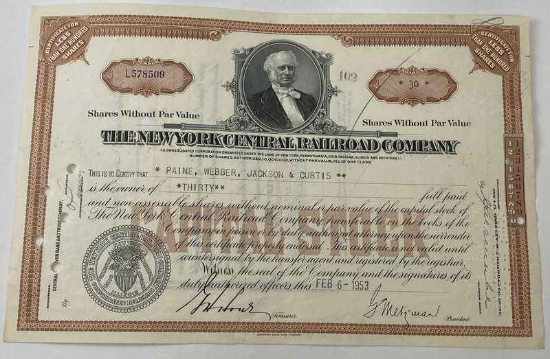 NY CENTRAL RAILROAD COMPANY 1953 STOCK CERTIFICATE Paine Webber