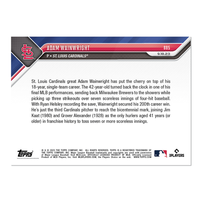 2023 MLB Topps NOW 885 ADAM WAINWRIGHT 200 WINS ST. LOUIS