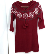 Papillon Sweater Dress Size Small Rust Red Hooded Short Sleeve Snowflake