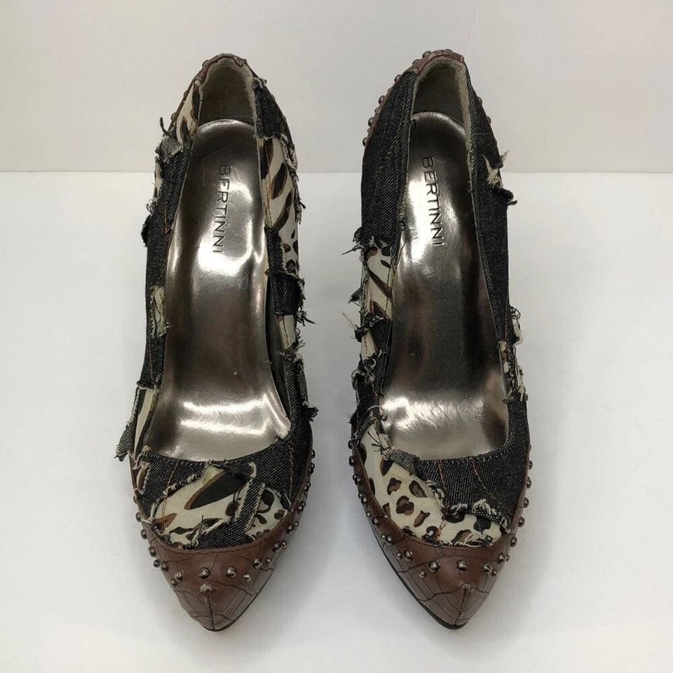 女式棕色 Bertinni 牛仔和豹纹高跟鞋,7 码 — 第 3/4 张图片