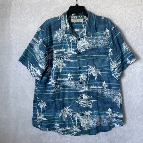 Island Republic Mens Hawiian Shirt Blue Floral Large Cotton Rayon Short Sleeve