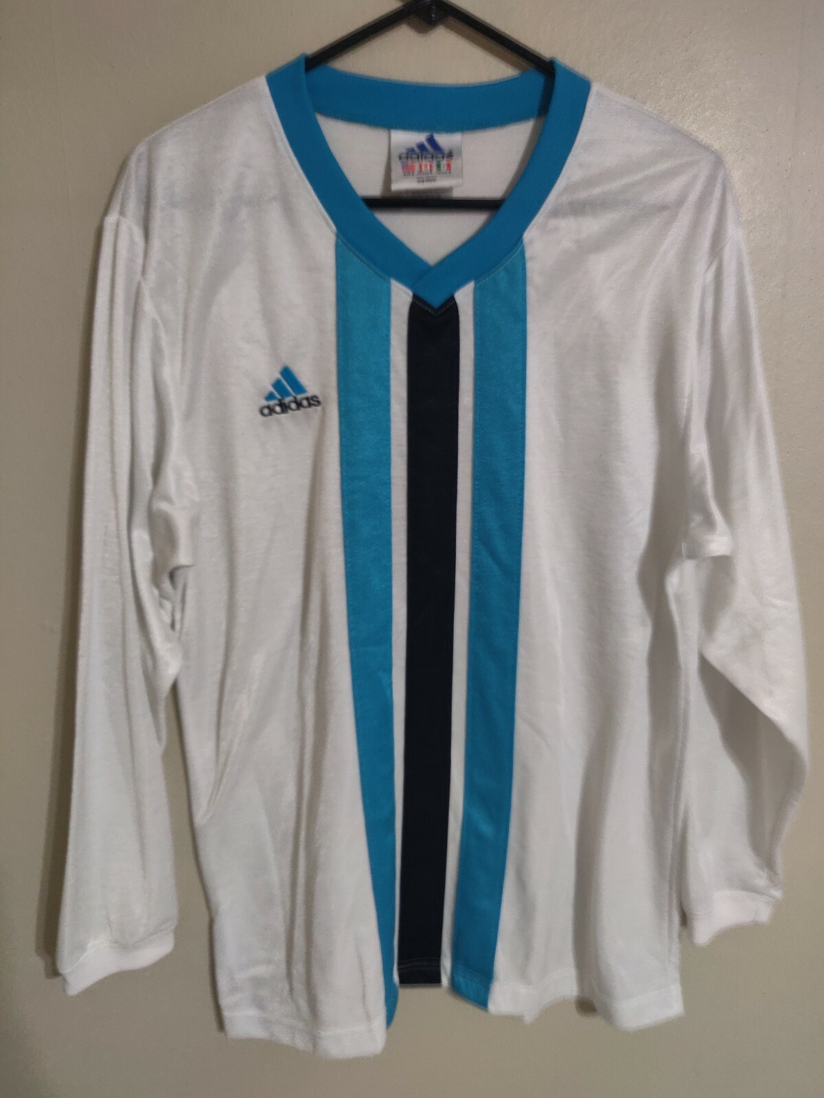 Vintage Adidas Made in USA White Aqua L/S Soccer Jersey Shirt - Men's Small S
