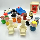 VTG Fisher Price Little People Lot Phone Booth Car Figures Barber Wood Plastic