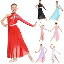 US Kids Dance Dress Applique Ruched Leotard Contemporary High Low Mesh Skirt