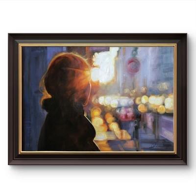 Impressionism Painting - Framed Cityscape with Woman at Sunset. 23.5 x 15 in