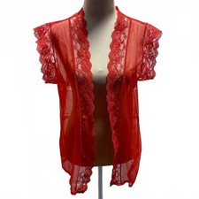 Vintage 1950's Red Lace Semi Sheer Bed Jacket Coverup Shrug Coquette Retro M