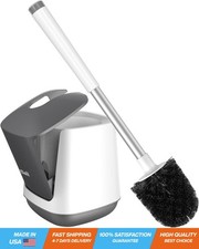 Self-Closing Toilet Brush  Holder Set - Extra Long Handle, White  Grey