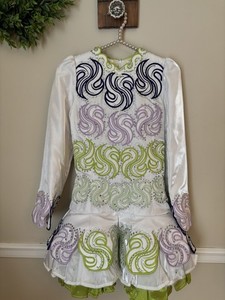 Traditional Girls Paneled Irish Dance Dress White Purple Green Sparkly