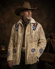 Men Western Cowboy Suede Fringe Jacket Beaded Native American Leather Jacket