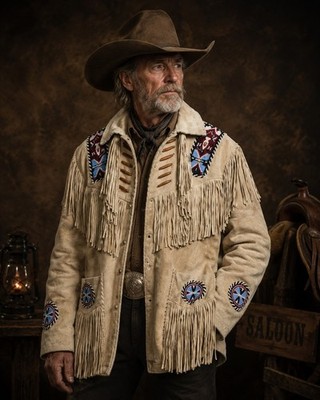 Men Western Cowboy Suede Fringe Jacket Beaded Native American Leather Jacket