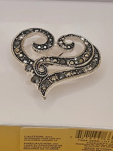 Vintage Heart Shape Silver Tone Marcasite Stones Brooch Pin Love Costume Jewelry