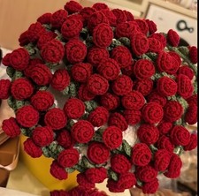 97 Red Roses 63in Crochet Flower Bouquet Throw Blanket Handmade Knitted 160cm