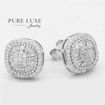 Men's Sterling Silver 925 Cubic zirconia 11mm Square*Studs Earring Unisex*Box