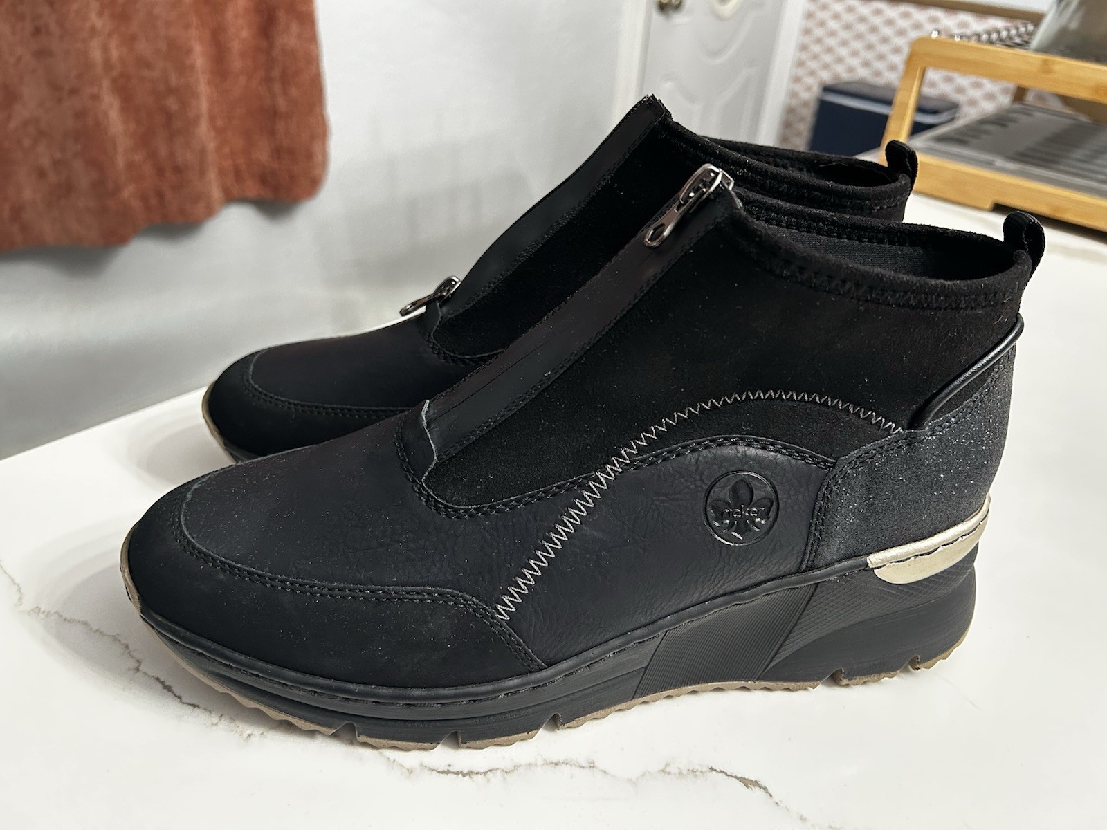 Rieker Platform Zip Ankle Casual Sneaker Size 42 10/10.5 Black Bling Bronze New