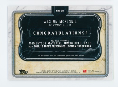 2018-19 Weston McKennie Topps Museum Schalke Jersey Patch Rookie Card 52/75 - Picture 2 of 3