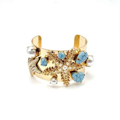 Gold Tone Wide Starfish Cuff Boho Bracelet Faux Pearl Ocean Sea Nautical Chunky