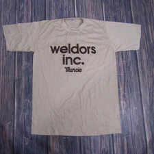 Vintage Weldors Inc Muncie Shirt Mens Medium Tan Graphic Jerzees USA 80s