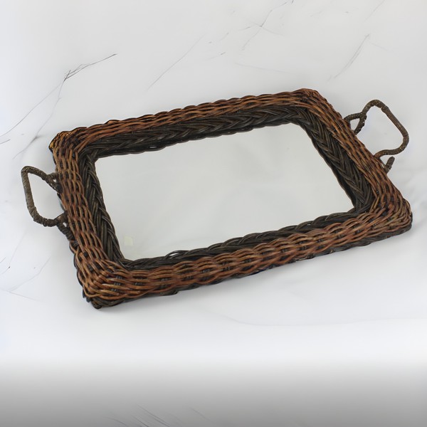 Vintage Rattan Rattan Rattan Tablett Mit Spiegel Um 1990Er Jahre-image