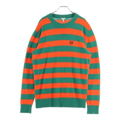 LOEWE Wool Cashmere Anagram Embroidery Stripe High Gauge Sweater Green Orange XS