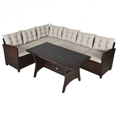 3 Pieces Hand-Woven Rattan Outdoor Sofa Set with Dining Table - Color: Brown