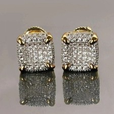 Aretes de moissanita blanca de corte redondo de 2 quilates enchapados en oro amarillo de 14 quilates para hombre