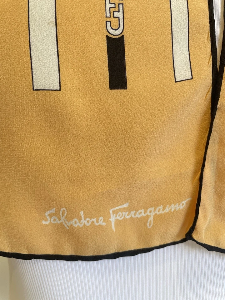 Salvatore Ferragamo желтый шелковый шарф полоски Gancini логотип винтажный Италии #A85 - Изображение 2 из 4