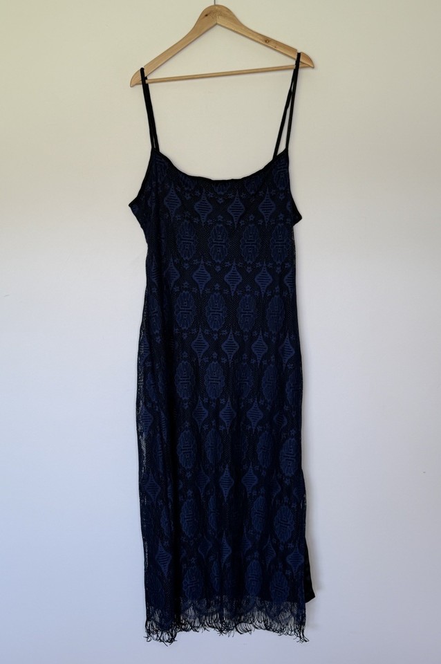 Nik Fashion VTG 80s Navy Lace Overlay Whimsigoth Fringe Slip Midi Dress Sz L/XL