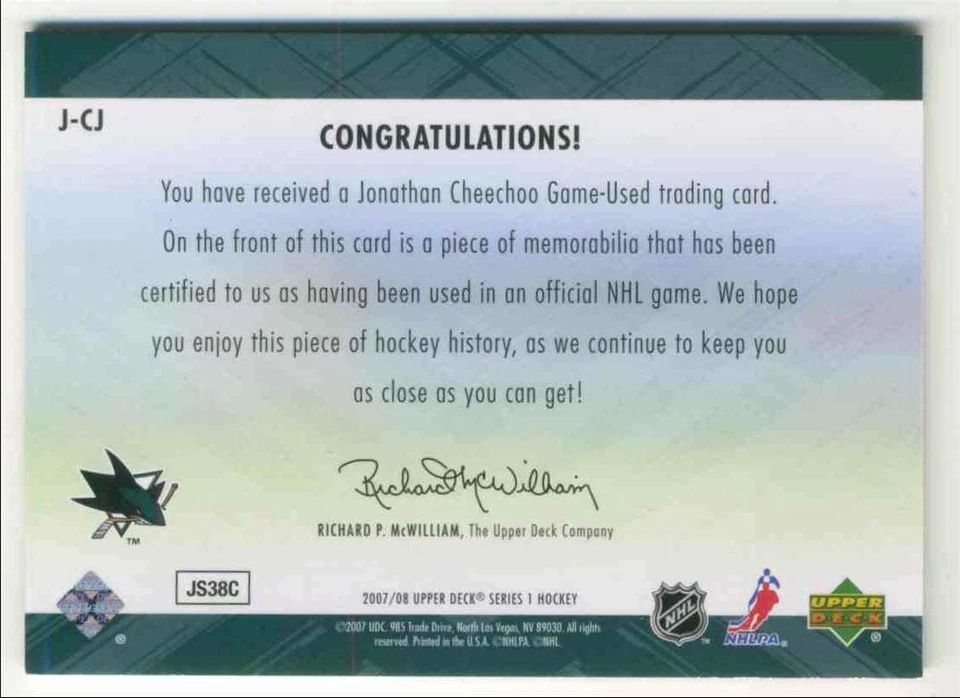 2007-08 Upper Deck Game Jersey Jonathan Cheechoo Jersey 1 Color #J-CJ - Image 2 of 2