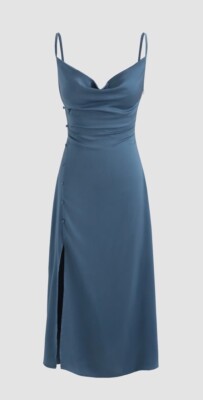 cider solid satin slit midi dress CIDER Midi Dress Summer Dress Cocktail Dresses Solid Satin Ruched Split Midi Cami Dress: Blue, L: Buy Online at Best Price in UAE