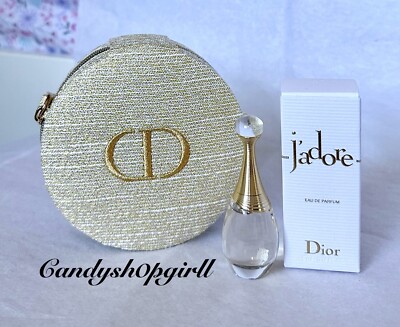 NEW 2PC Dior Gold Jewelry Pouch & Jadore Eau De Parfum Mini Splash Bottle 5ml