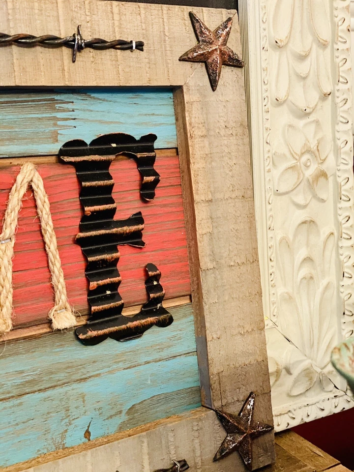 Деревенский, ковбойский вестерн «Добро пожаловать» деревянная рама висячий знак заусеница проволока/звезды - Изображение 3 из 4