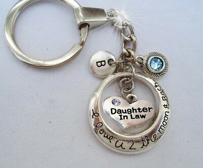 Daughter in Law I Love U 2 the Moon and Back Keychain w-Birthstone-Letter Charm