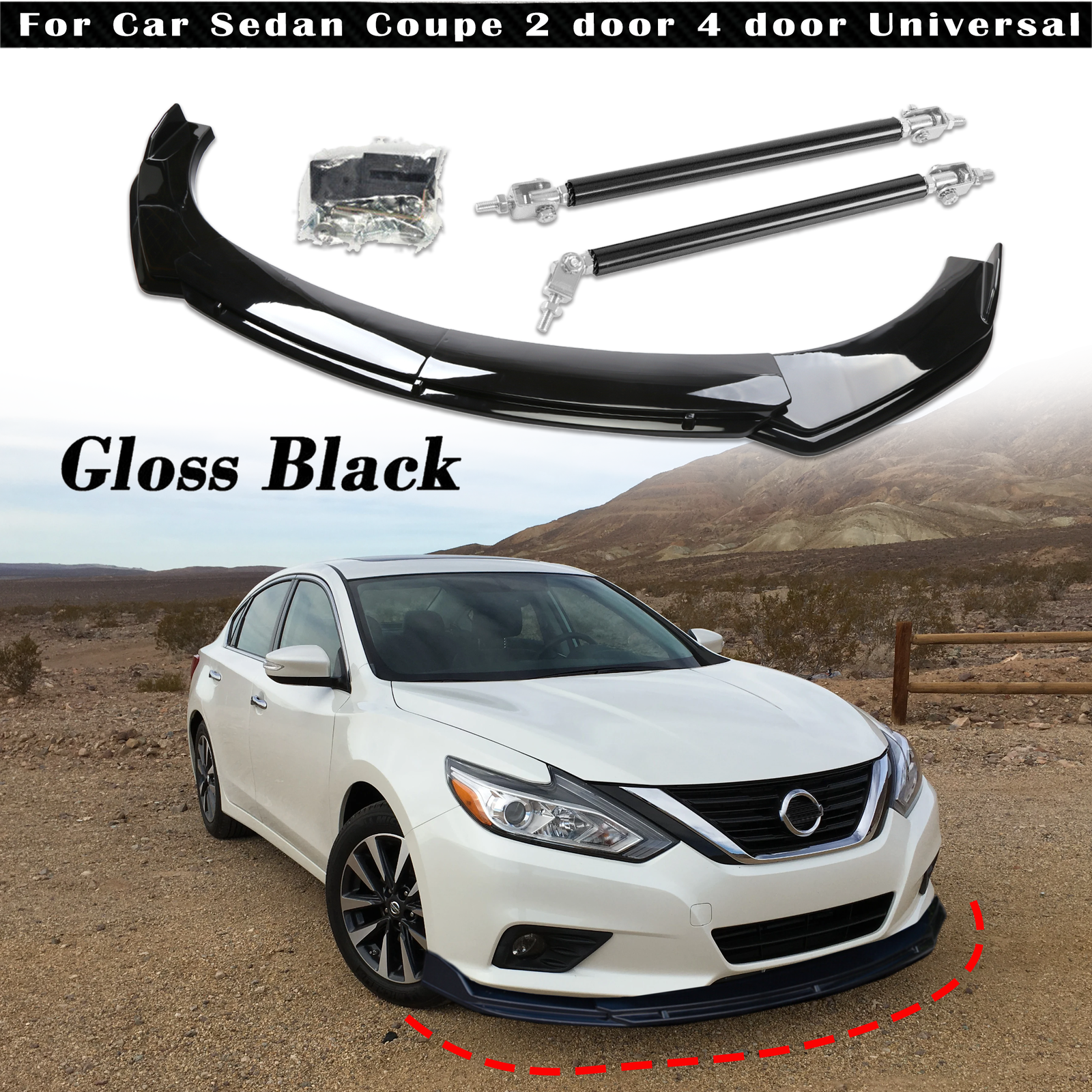 Universal Bilayer Front Bumper Lip Spoiler & Splitter for Nissan Altima with Strut Rod