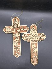 2 Wooden Cut Out Cross Shaped Christmas Ornaments Santa Reindeer 5.5  