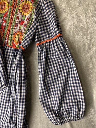 Vintage 70s Joseph Magnin Embroidered Gingham Maxi Dress Sz 9 Hippy Cottage Core - Picture 14 of 15
