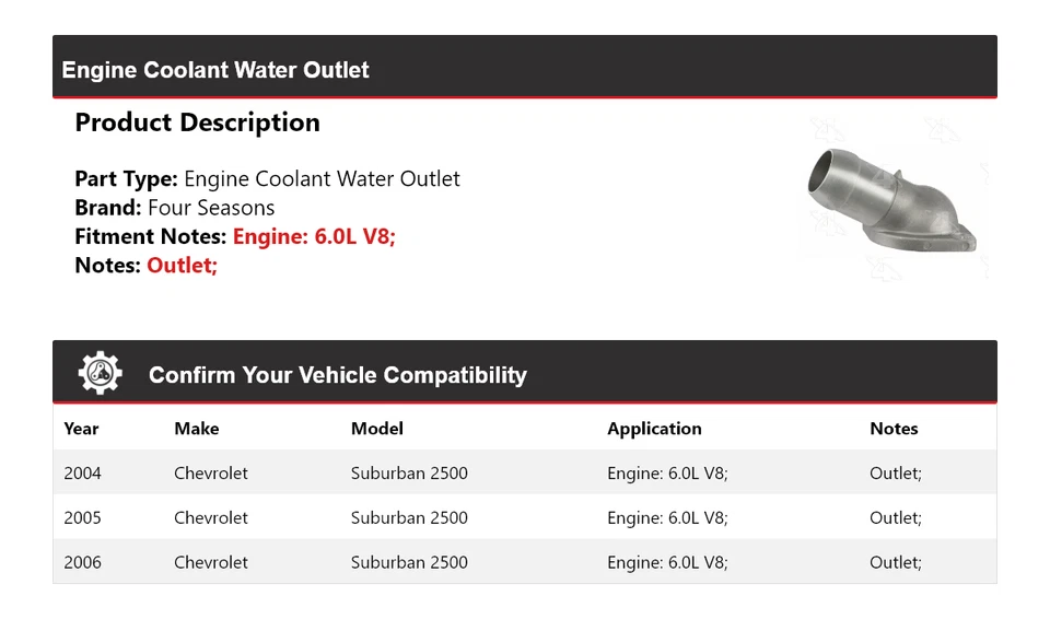Salida de agua refrigerante motor 6,0 L para Chevrolet Suburban 2500 2004-2006 4 estaciones Foto 2 de 4