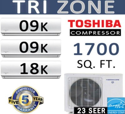 23 SEER 36000 BTU Tri Zone Ductless Mini Split Air Conditioner Heat Pump, 9+9+18