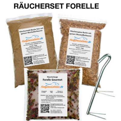FANGDESLEBENS RÄUCHERSET FORELLE - Vorteilsangebot! Räucherlauge, Buchenmehl Buchenspäne Haken