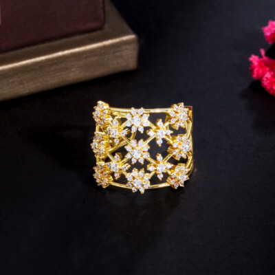 Exquisite Gold Plated Flower Open Cuff Wide Cubic Zirconia Bridal Ring for Women