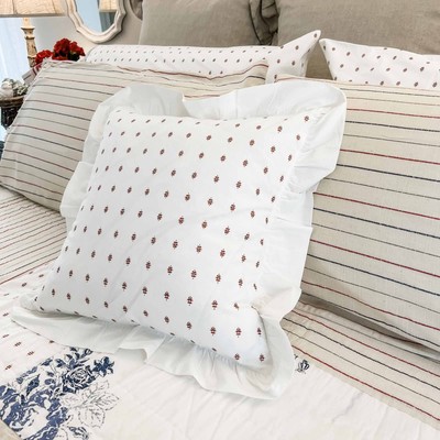 Abigail Ruffled Throw Pillow Cover 18'' L x 18'' W Soft White Fabric with Red M...