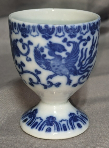 Taza de huevo fénix volador de porcelana azul y blanco vintage de Japón - Imagen 1 de 14
