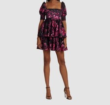 $440 Alice + Olivia Women's Black Floral Square Neck Smocked Mini Dress Size 8