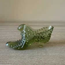 Vintage Fenton Art Glass Colonial Green Hobnail Slipper/Shoe